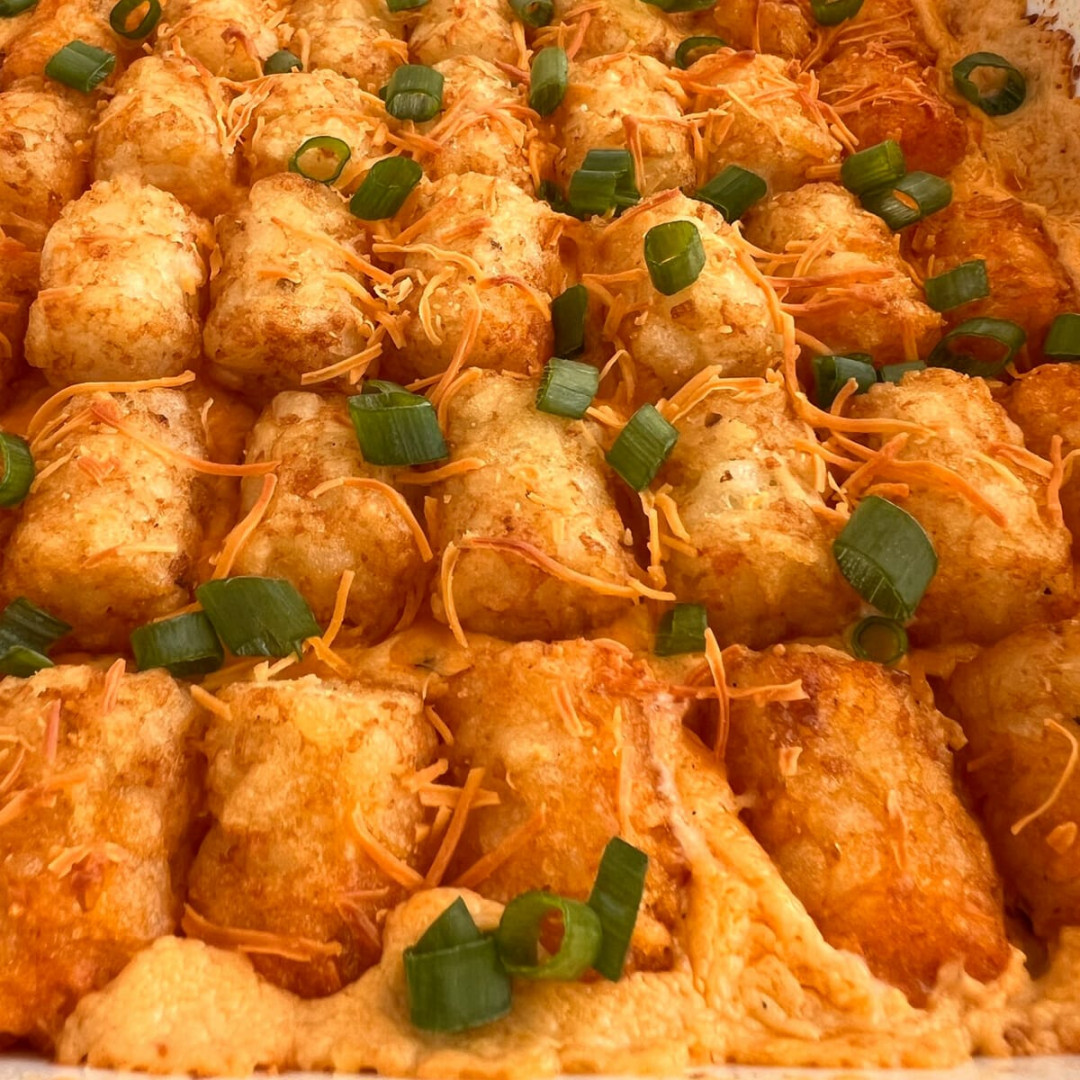 Best Damn Buffalo Chicken Tater Tot Casserole